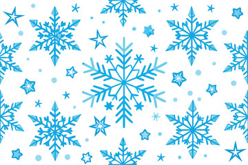 Winter theme with blue snowflakes and stars on a white background for festive decorations