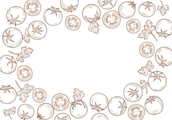 Hand drawn tomato and basil border illustration on a white background.