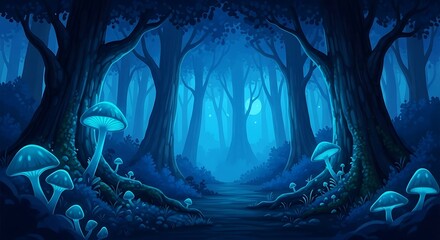 Mysterious Blue Forest Path with Mushrooms.