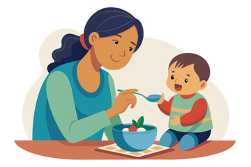 Mother feeding baby healthy food in a cozy kitchen setting during daytime