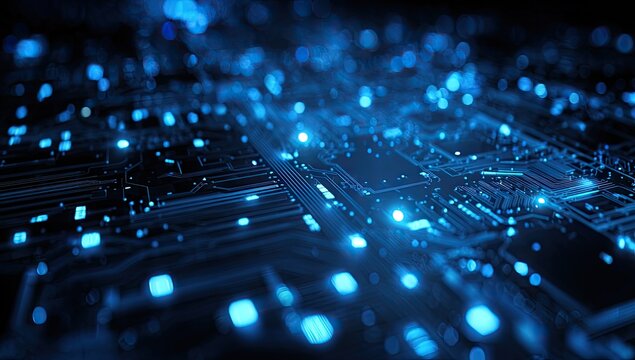 Futuristic technology background with glowing blue data nodes.