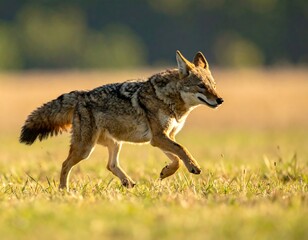 Coyote running through tall grass at dawn