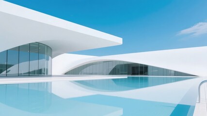Modern white architectural building with curved design and reflective pool under clear blue sky