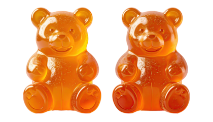 Two gummy bears, glossy orange, sitting