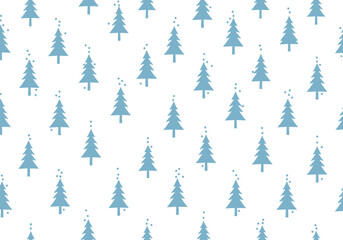 A festive pattern of blue evergreen trees with light snow falling.