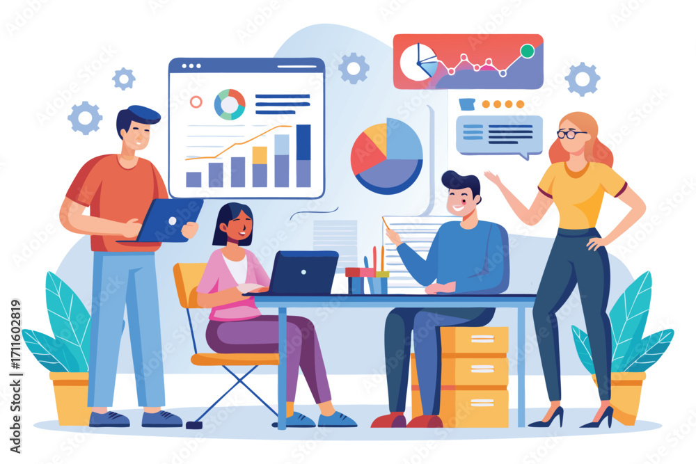 Aufkleber team collaboration in a modern office setting with digital tools and data analysis charts
