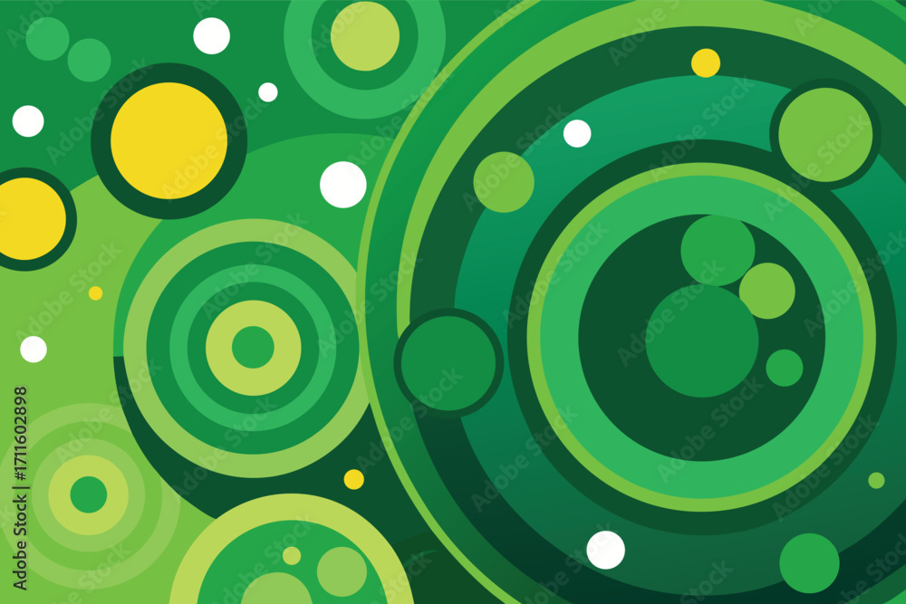 Poster colorful abstract design featuring circular patterns in various shades of green and yellow with a mo
