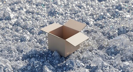 Unboxing treasure concept with open carton placed amid crystal peaks