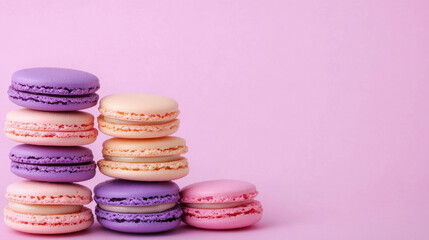Colorful display of purple, pink, and beige macarons stacked neatly on pastel pink background creating sweet and inviting scene