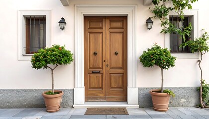 A classic European-style facade with a welcoming wooden door