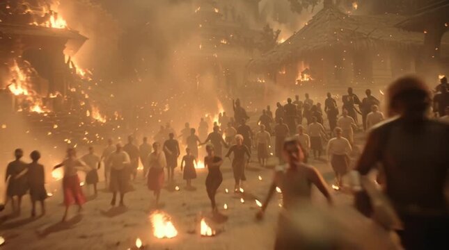 ChatGPT said:

Cinematic Scene of Ancient Village Burning in Flames: A haunting portrayal of devastation as an old settlement is engulfed by raging fire and chaos.