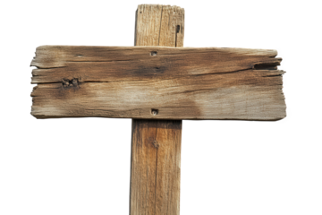 Rustic wooden sign isolated on transparent background, weathered and aged, perfect for adding a touch of vintage charm to your designs with its natural wood grain texture