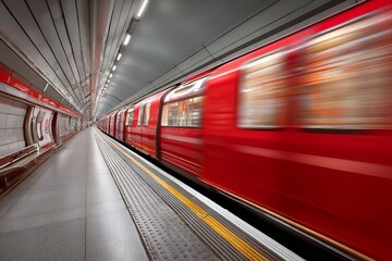 Red train speeding through empty underground station tunnel with motion blur