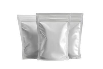 Three blank, glossy, white zippered pouches