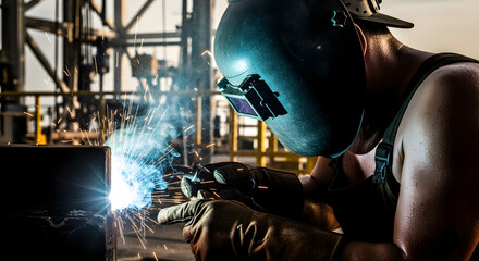 Welder in protective gear intensely sparks metal with welding torch.
