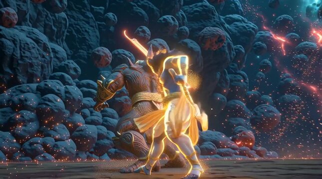Gods and demons clash in an epic cosmic battle, lightning and energy tearing through the void in a clash of divine power.