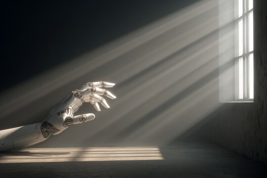 Robotic arm reaching for sunlight streaming through window in dark room, symbolizing artificial intelligence striving for freedom and knowledge