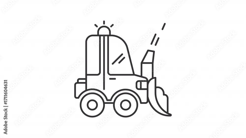 Poster animated snow blowing line icon. tractor cleaning roads from snowdrifts animation. machine removing 