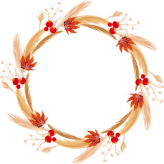 Autumn Dry Flowers Frame. Watercolor Pampas Grass design element. 