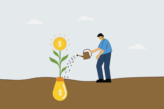 Monetize idea, businessman watering of growing money coun plants from bulb idea