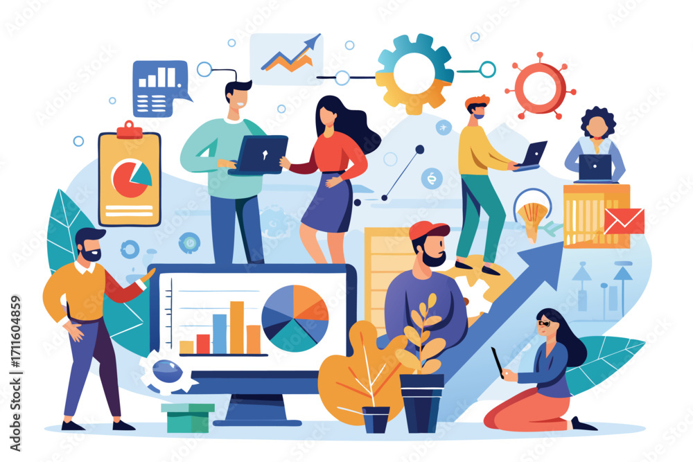 Aufkleber group of diverse professionals collaborating on digital projects in an office setting