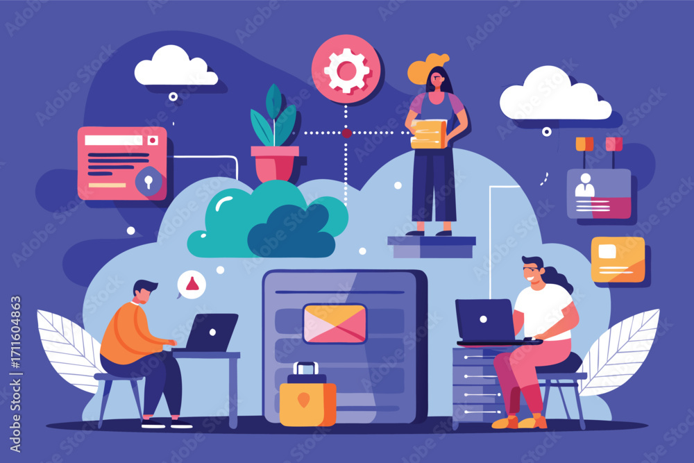 Aufkleber team collaboration in digital workspace with cloud technology and data management tools