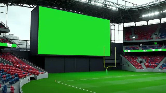 Large green screen jumbotron in an empty modern sports stadium with goalpost, ready for custom content, advertising, or live event display.