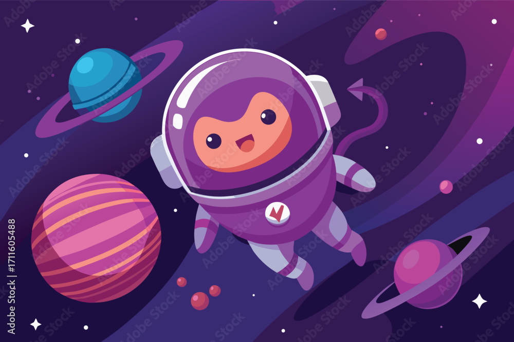 Poster Cute purple astronaut exploring outer space with colorful planets and stars in the background