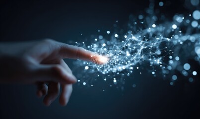 Human hand touching digital network connection, futuristic technology concept.