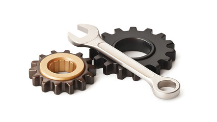 A close up of two gears and a wrench on a white surface showing mechanical repair concept design