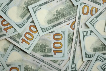 Big amount of american USD hunderd dollar bills banknotes close up