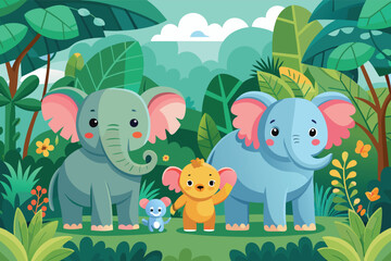 Naklejka premium Friendly elephant family enjoying a sunny day in a lush jungle setting with playful companions