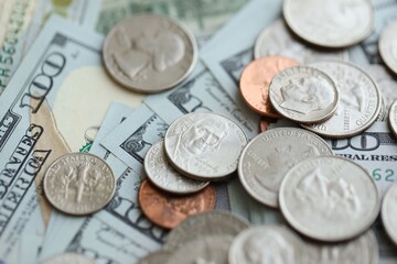Many hundred dollar bills and US cents coins. Different coins and banknotes.