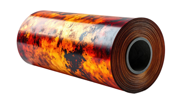 Rolled sheet material with fiery design
