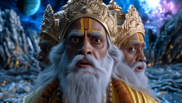 The Hindu creator god Brahma stands with a divine crown and flowing white beard, exuding wisdom and celestial authority.