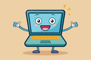 Happy cartoon laptop character with friendly expression and waving hands in playful design