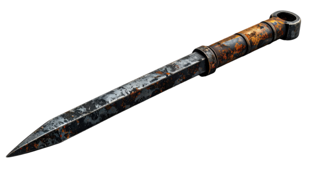 A long, stylized dagger with a dark, aged metallic finish