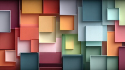 Composition of colorful squares and square boxes layered in an abstract geometric pattern creating depth and texture