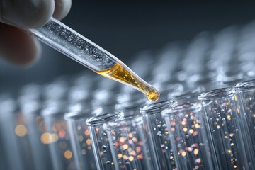 Gloved hand using pipette to drip yellow liquid into test tubes in laboratory setting, conducting scientific experiment