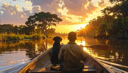 Un homme et son chien dans un canoé vus de dos pagayant sur une rivière africaine face au soleil couchant
