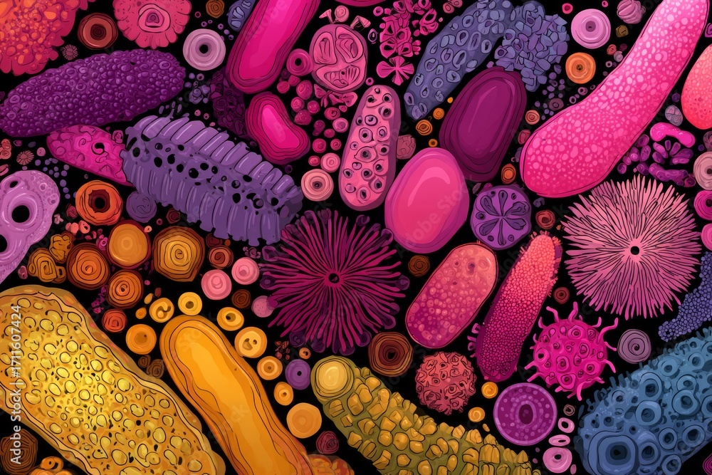 Poster microscopic organisms in various shapes and colors creating a vibrant and detailed abstract pattern 