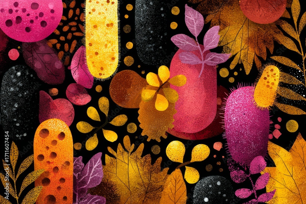 Poster vibrant and textured abstract design featuring a mix of floral, geometric shapes and speckled textur