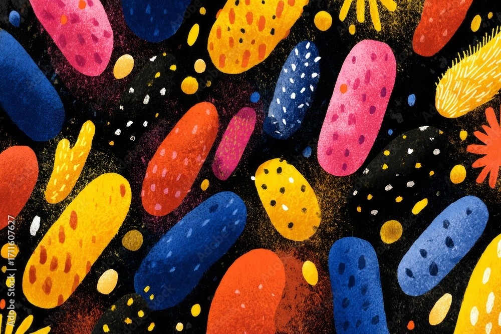 Poster colorful abstract shapes and textures create a vibrant and playful seamless pattern on a black backg