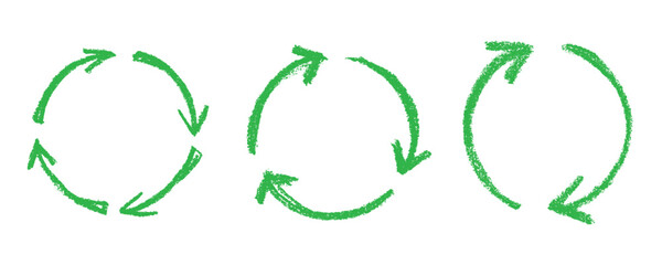 Set of hand drawn recycle arrow icon Recycling resources symbol Reuse of materials, zero waste, green environment, saving the planet