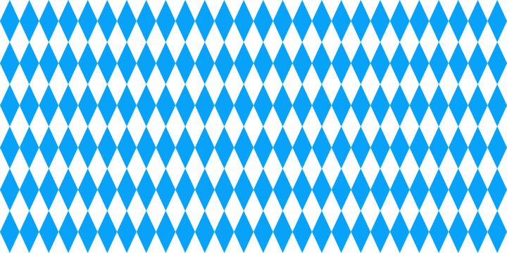 Oktoberfest seamless pattern. Bavarian flag print. Vector blue and white rhombus banner background. Bavaria Octoberfest party wallpaper. Munich beer festival repeat pattern. Harlequin check tablecloth