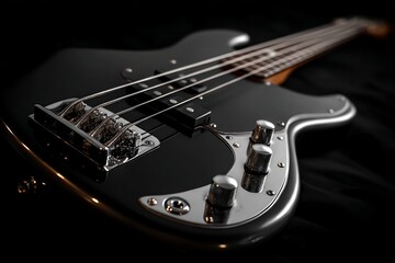 Polished black electric bass guitar with chrome details lying on a dark background, creating a dramatic and musical atmosphere