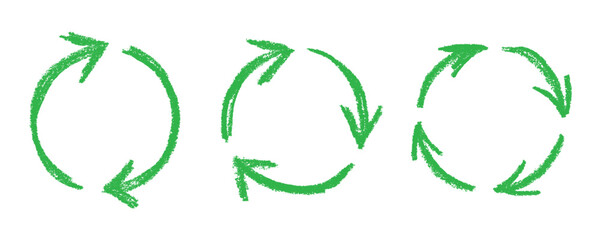 Set of hand drawn recycle arrow icon Recycling resources symbol Reuse of materials, zero waste, green environment, saving the planet