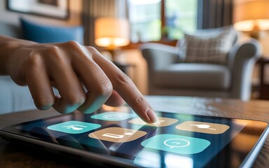 Closeup of smart home application interface on tablet screen