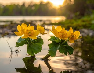 Obraz premium Golden flowers by the water at sunset