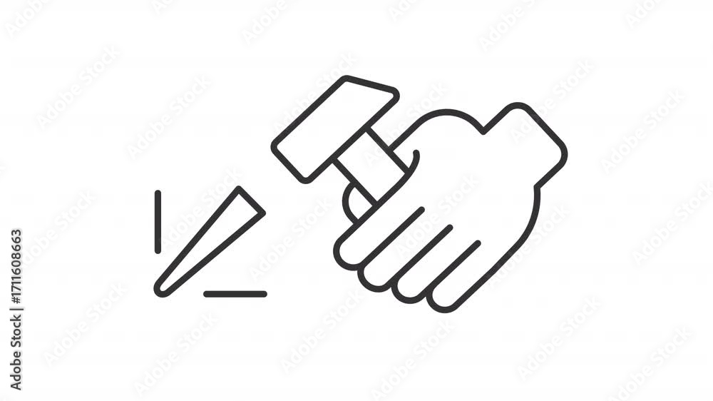 Poster animated hand with sculptor tools line icon. artist using hammer for art animation. artwork carving 